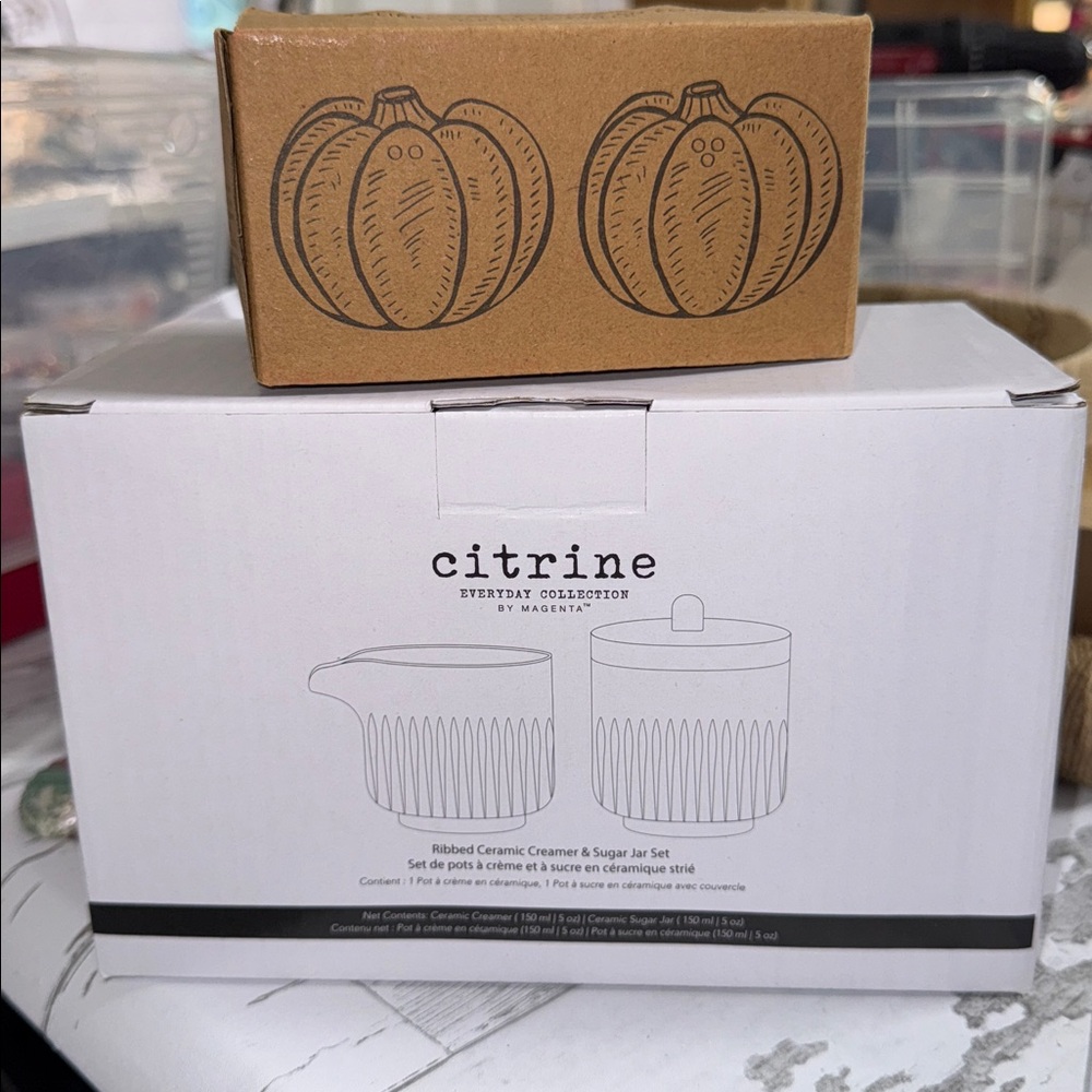 Citrine Cream & Sugar + Talking Tables Pumpkin Salt & Pepper Shaker Set +MORE